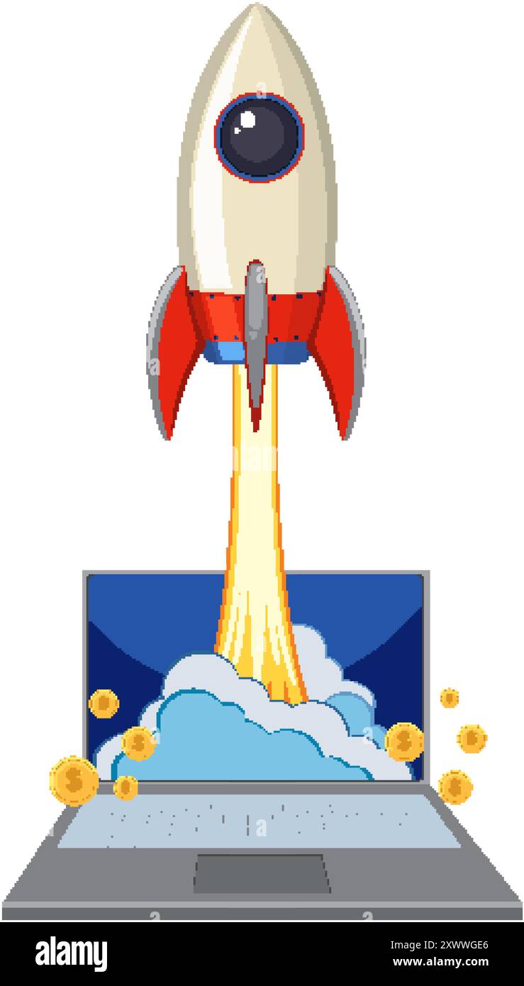 Rakete startet vom Laptop mit Münzen Stock Vektor