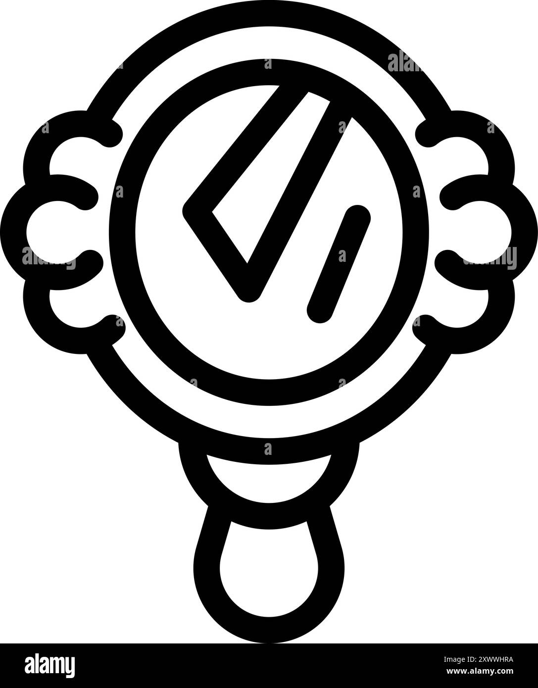 Einfache Linienzeichnung eines runden Handspiegels mit Griff, der Lichtstrahlen reflektiert Stock Vektor