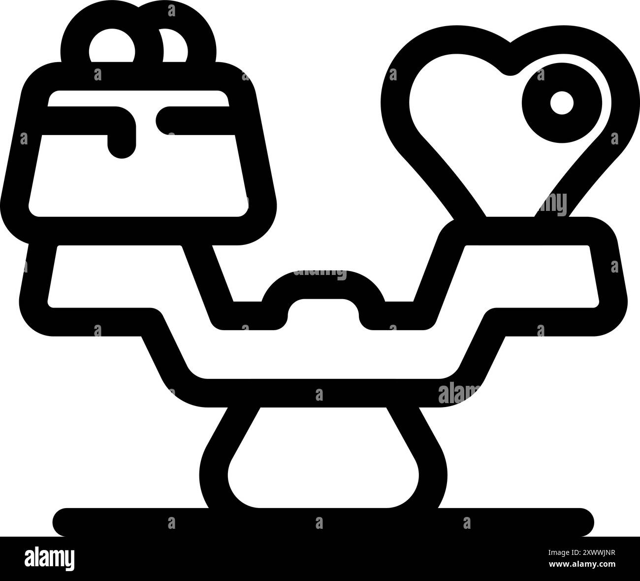 Ein einfacher Vektor, der eine Waage zeigt, die Geld und Herz wiegt und die schwierige Wahl zwischen Liebe und Reichtum darstellt Stock Vektor