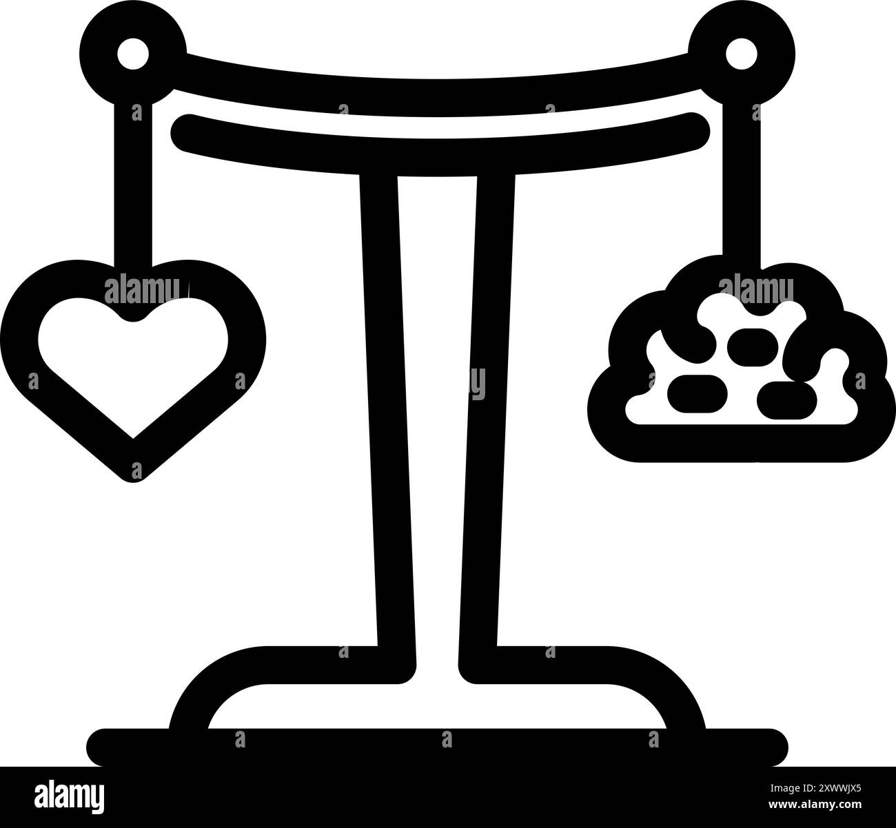 Einfaches Symbol einer Waage, die Herz und Gehirn wiegt und den Konflikt zwischen Logik und Emotionen symbolisiert Stock Vektor