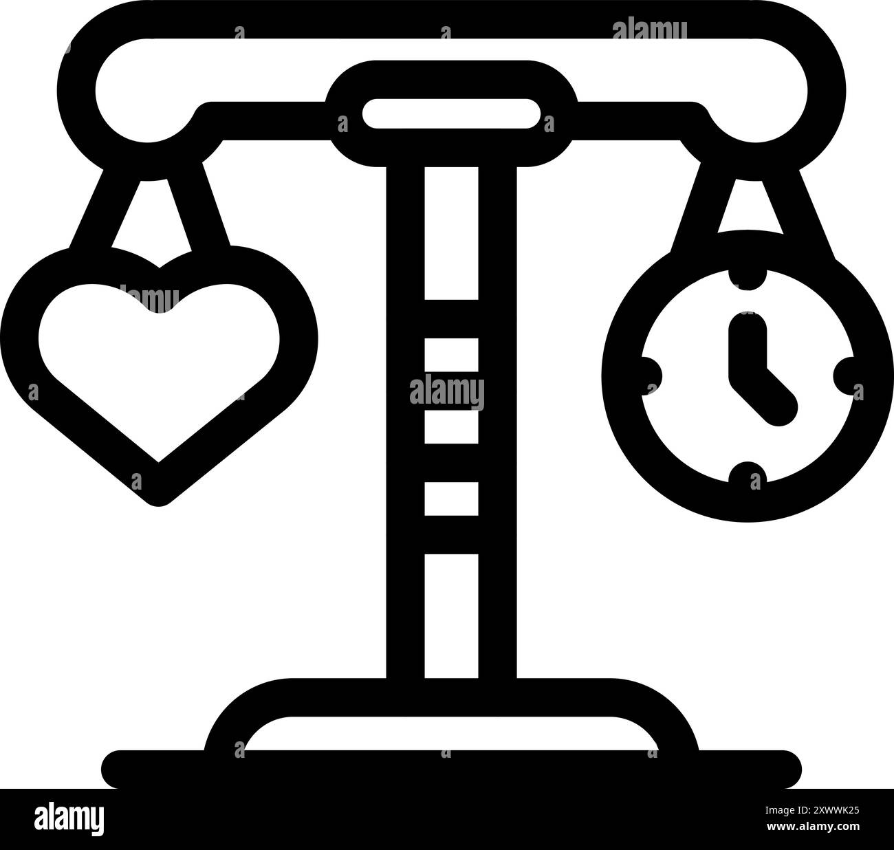 Einfache Strichgrafik-Ikone einer Waage, die den Wert von Liebe und Zeit abwägt Stock Vektor
