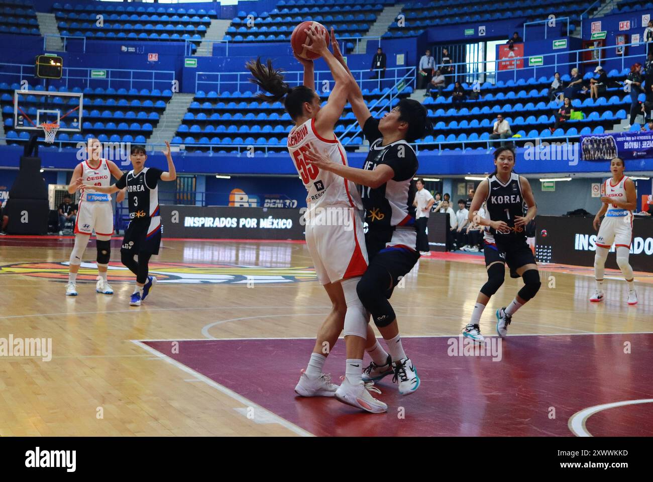 Mexiko-Stadt, Ciudad de Mexico, Mexiko. August 2024. Simona Sklenarova #55 aus der Tschechischen Republik spielt den Ball während des Spiels gegen das Team Korea im Rahmen des Mexiko 2024 FIBA Frauen Basketball-WM-Vorqualifikationsturniers. Im Juan de la Barrera Olympic Gymnasium. Tschechien besiegt Korea 76:63. Am 20. August 2024 in Mexiko-Stadt. (Kreditbild: © Carlos Santiago/eyepix via ZUMA Press Wire) NUR REDAKTIONELLE VERWENDUNG! Nicht für kommerzielle ZWECKE! Stockfoto