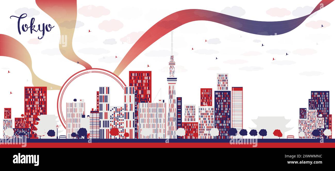 Skyline der Stadt Tokio Japan mit Wolkenkratzern und Sonne. Vektorabbildung. Stadtbild mit Wahrzeichen. Stock Vektor