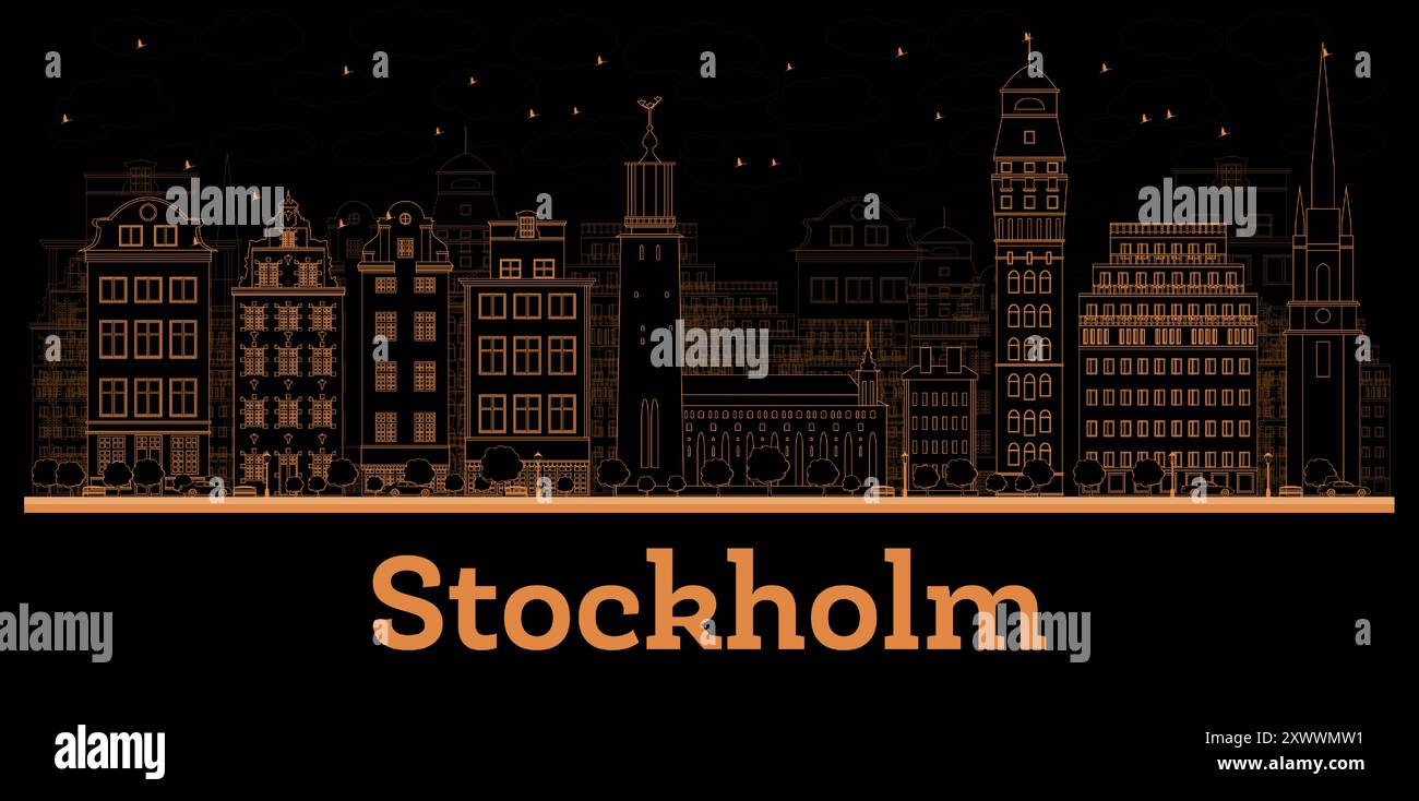 Umreißen Sie die Skyline von Stockholm Schweden mit orangefarbenen Gebäuden. Vektorabbildung. Business Travel and Tourism Concept mit historischer Architektur. Stock Vektor