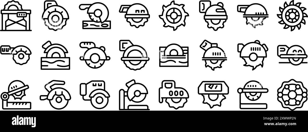 Symbole für Kreissägemaschine gesetzt. Verschiedene Arten von Kreissägen, Schneidwerkzeugen und Sägewerkzeugen werden als Symbole dargestellt Stock Vektor