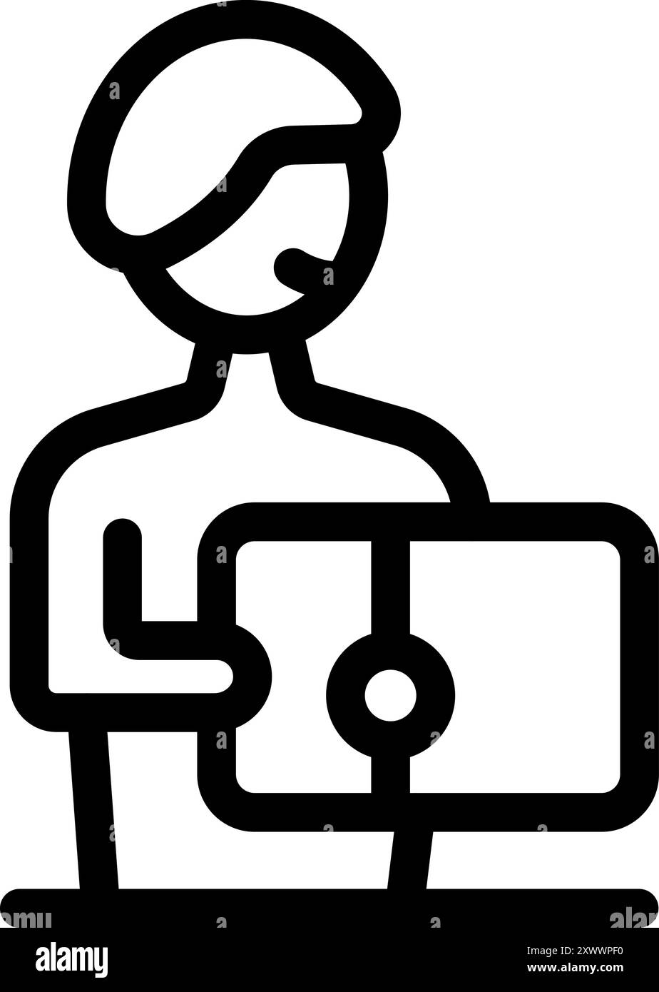 Strichgrafik-Symbol eines Soldaten, der ein Tablet mit einer Karte für die Navigation verwendet Stock Vektor