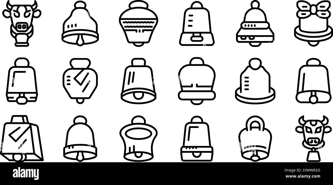 Kuhglockensymbole eingestellt. Line Art-Symbol-Set für verschiedene Arten von Glocken, einschließlich Kuhglocken, weihnachtsglocken und Handglocken Stock Vektor