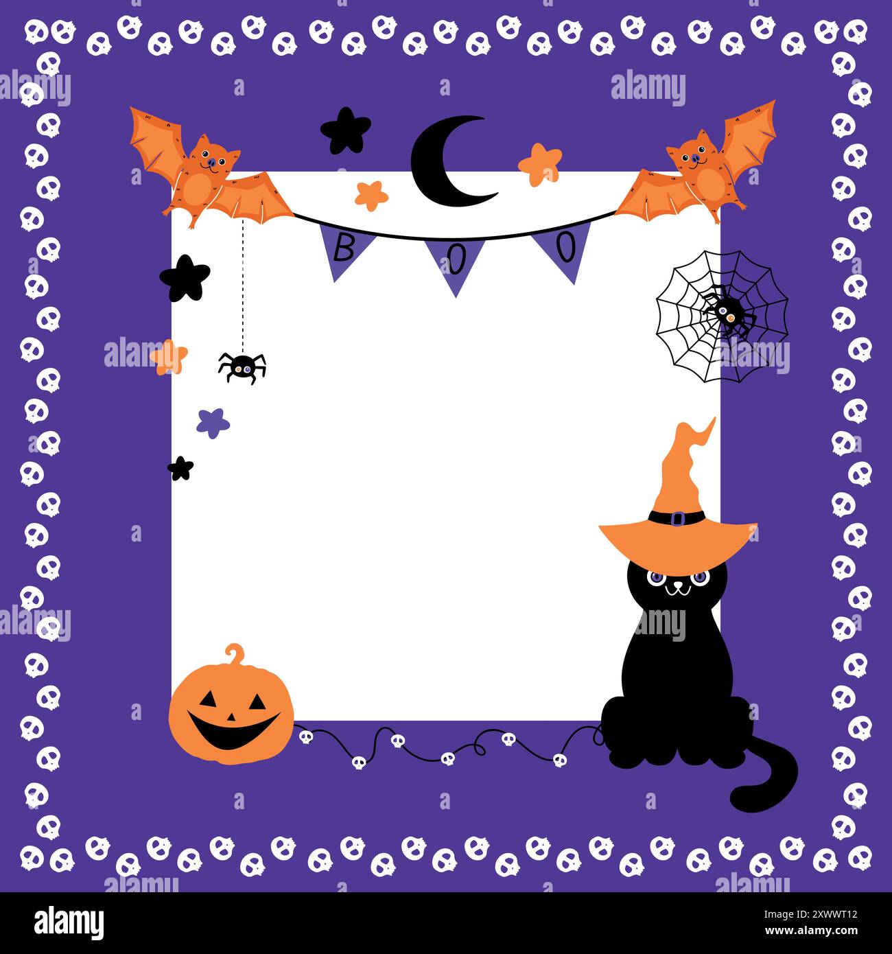 Halloween-Grußkarte mit schwarzer Katze, Fledermäusen, Spinnen, Kürbis und quadratischem Leerraum. Festlicher Halloween-Rahmen mit Skulls. Vektorabbildung Stock Vektor