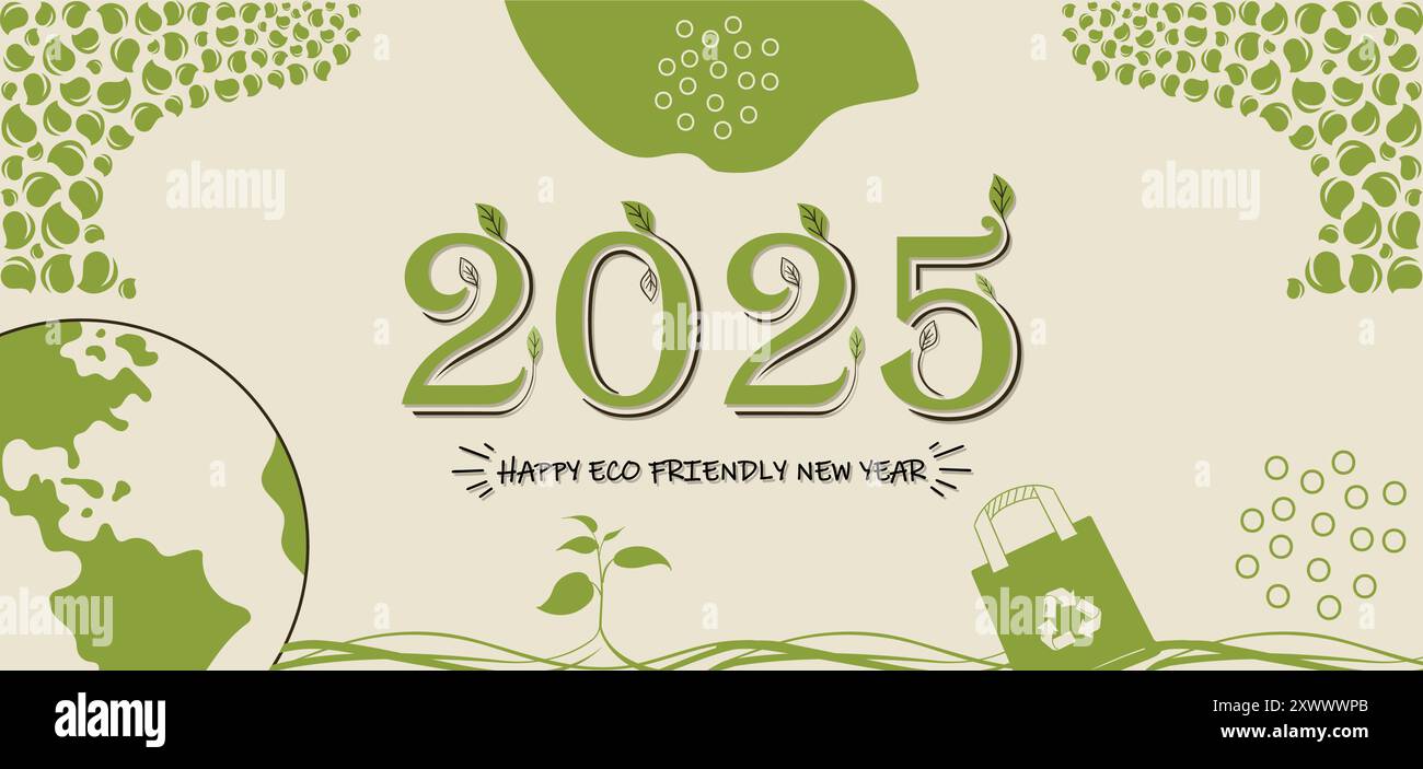 Happy New Year 2025 umweltfreundliches Banner Design klimafreundliches grünes Jahr Stock Vektor