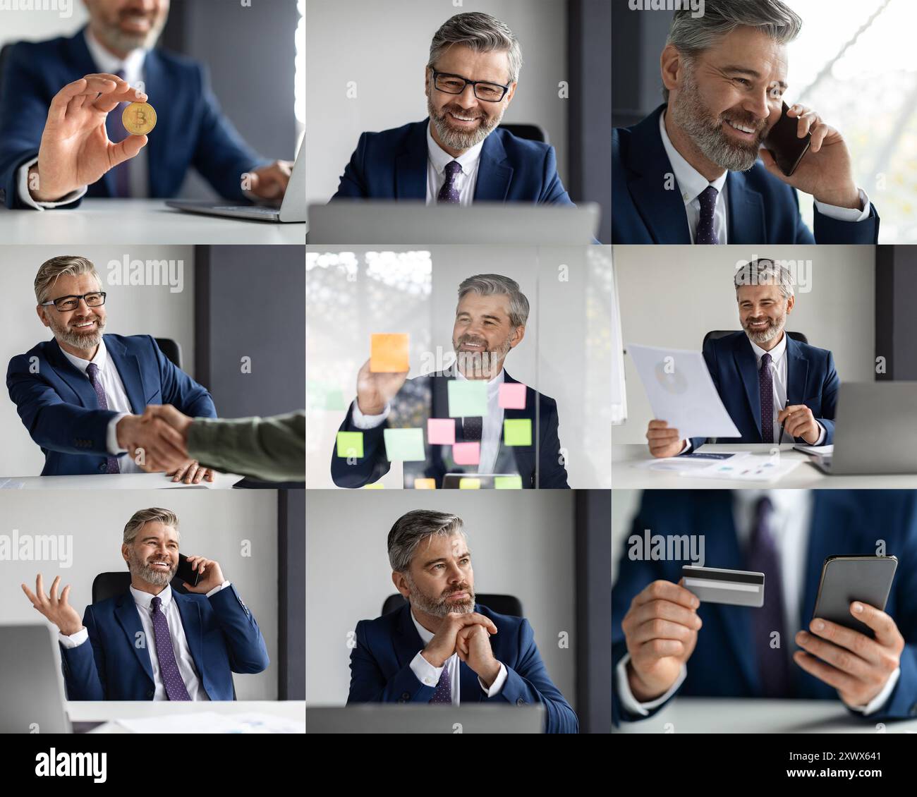 Business Professional, der sich an Diskussionen über Kryptowährungen beteiligt, während er Remote arbeitet Stockfoto