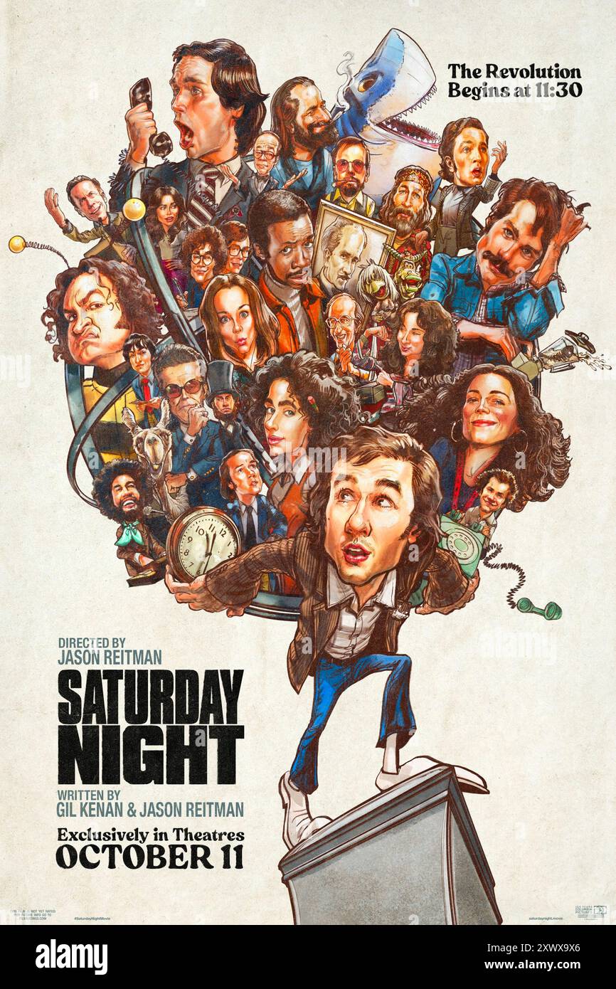 Saturday Night (2024) von Jason Reitman mit Lamorne Morris, J.K. Simmons und Dylan O'Brien. Basierend auf der wahren Geschichte, was hinter den Kulissen in den 90 Minuten vor der ersten Sendung von Saturday Night Live am 11. Oktober 1975 geschah. Voller Humor, Chaos und der Magie einer Revolution, die fast nicht war, zählen wir die Minuten in Echtzeit herunter, bis wir diese berühmten Worte hören. US Advance Poster ***NUR FÜR REDAKTIONELLE ZWECKE***. Quelle: BFA / Sony Pictures veröffentlichen Stockfoto