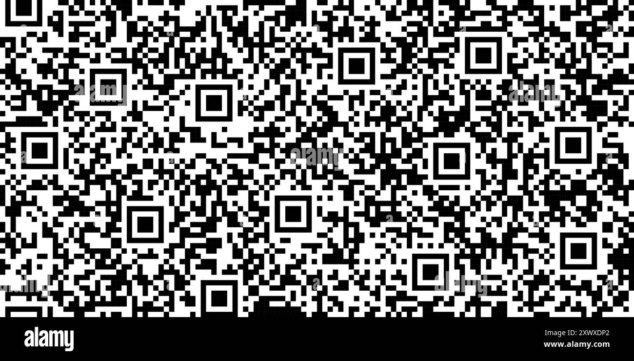QR-Code bg mit BW-Quadraten und Symbolen. Nahtloses Muster von verschlüsselter Nachricht oder binärem Code zum Scannen per Computer oder Smartphone. Vektor-Monochrom t Stock Vektor