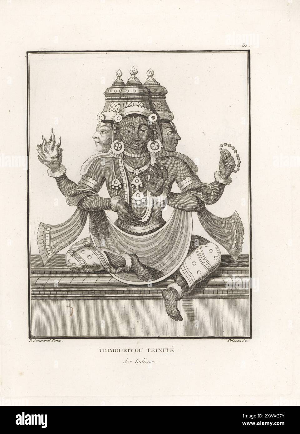 Trimurti, dreifaltigkeit der hinduistischen Götter einschließlich Shiva, Vishnu und Brahma. Trimourty oder Trinite des Indiens. Kupferstich von Jean-Baptiste Marie Poisson nach einer Illustration von Pierre Sonnerat aus seiner Voyage aux Indes Orientales et à la Chine (Reise nach Ostindien und China, Dentu, Paris, 1806). Stockfoto