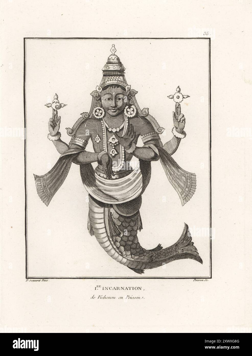 Der hinduistische Gott Vishnu als Fischavatar Matsya in der ersten Inkarnation. Vishnu mit Blumen und Schmuck und dem Schwanz eines Fisches. Premiere Inkarnation de Vichenou en Poisson. Kupferstich von Jean-Baptiste Marie Poisson nach einer Illustration von Pierre Sonnerat aus seiner Voyage aux Indes Orientales et à la Chine (Reise nach Ostindien und China, Dentu, Paris, 1806). Stockfoto