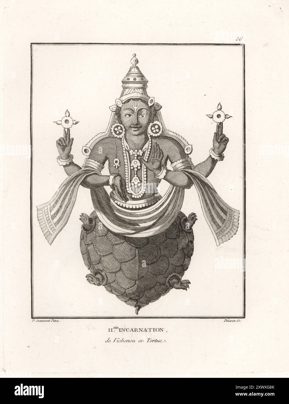 Hindu-Gott Vishnu als Schildkrötenavatar, Kurma, zweite Inkarnation. Vishnu mit Blumen und Schmuck und dem Körper und den Beinen einer Schildkröte. Deuxieme incarnation de Vichenou en Tortue. Kupferstich von Jean-Baptiste Marie Poisson nach einer Illustration von Pierre Sonnerat aus seiner Voyage aux Indes Orientales et à la Chine (Reise nach Ostindien und China, Dentu, Paris, 1806). Stockfoto