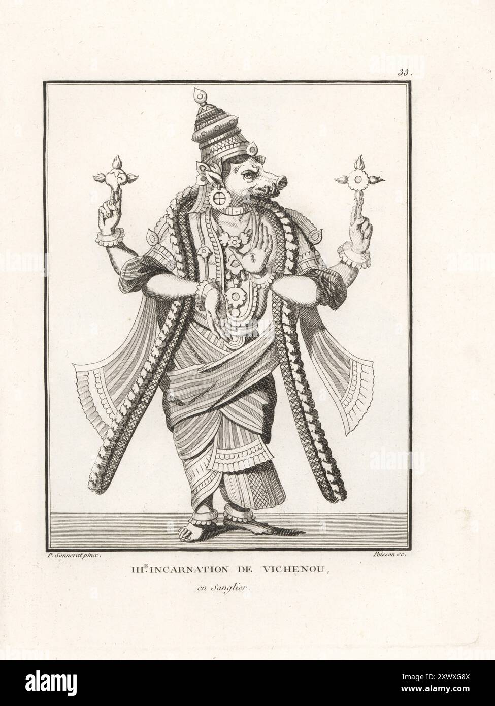 Hindugott Vishnu als Eberavatar, Varaha, dritte Inkarnation. Lord Vishnu mit Blumen und Schmuck, Gesicht eines Wildschweins, um Hiranyaksha zu töten. Troisieme Inkarnation de Vichenou en Sanglier. Kupferstich von Jean-Baptiste Marie Poisson nach einer Illustration von Pierre Sonnerat aus seiner Voyage aux Indes Orientales et à la Chine (Reise nach Ostindien und China, Dentu, Paris, 1806). Stockfoto