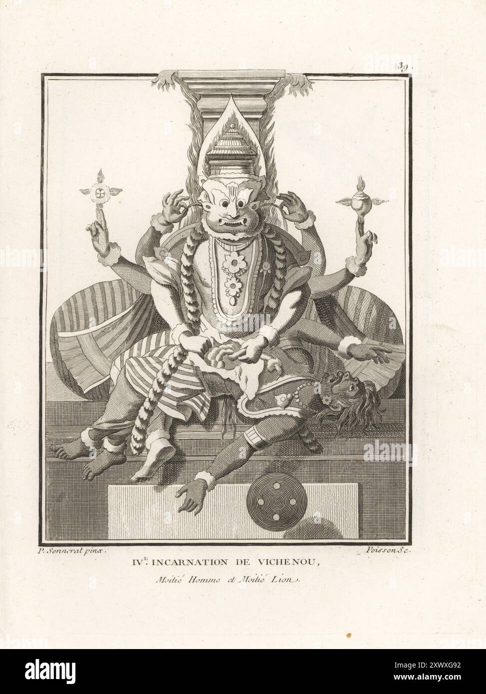 Hindugott Vishnu als halb Mensch, halb Löwe Avatar, Narasimha, vierte Inkarnation. Lord Vishnu mit Blumen und Schmuck, das Gesicht eines Löwen, der den Körper Hiranyakashipu auf seinem Schoß ausweiht. Quatrieme Incarnation de Vichenou, moitie Homme et moitie Lion. Kupferstich von Jean-Baptiste Marie Poisson nach einer Illustration von Pierre Sonnerat aus seiner Voyage aux Indes Orientales et à la Chine (Reise nach Ostindien und China, Dentu, Paris, 1806). Stockfoto