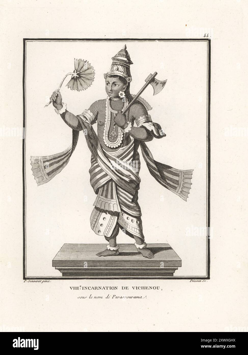 Hindugott Vishnu als Brahmanenkrieger Parashurama, achte Inkarnation. Dargestellt als Mann mit Axt und Lotusblatt. Huittieme Incarnation de Vichenou sous le nom de Parassourama. Kupferstich von Jean-Baptiste Marie Poisson nach einer Illustration von Pierre Sonnerat aus seiner Voyage aux Indes Orientales et à la Chine (Reise nach Ostindien und China, Dentu, Paris, 1806). Stockfoto