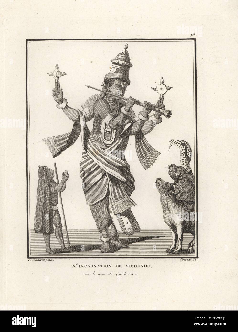 Hindu-Gott Vishnu als Avatar Krishna, neunte Inkarnation. Er spielt Musik auf einer Flöte, die Tiere wie Stier, Kobra, Löwe usw. verzaubert Neuvieme Inkarnation de Vichenou sous le nom de Quichena. Kupferstich von Jean-Baptiste Marie Poisson nach einer Illustration von Pierre Sonnerat aus seiner Voyage aux Indes Orientales et à la Chine (Reise nach Ostindien und China, Dentu, Paris, 1806). Stockfoto