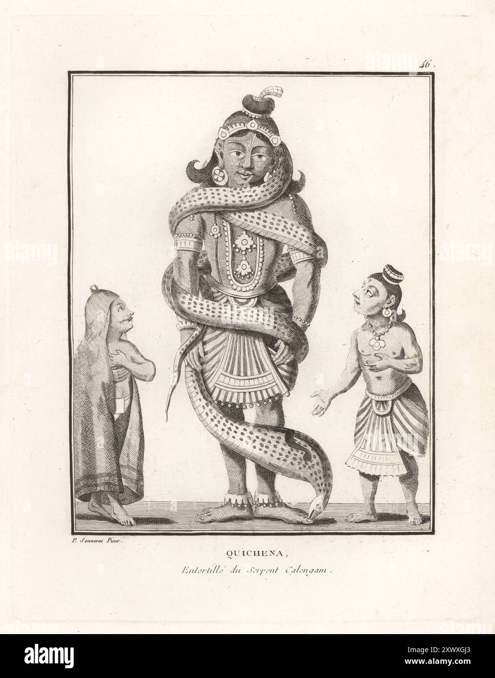 Hindugott Vishnu als Avatar Krishna, eingeengt von der giftigen Schlange Naga Kaliya. Neuvieme Inkarnation de Vichenou Quichena entorille du Serpent Calengam. Kupferstich von Jean-Baptiste Marie Poisson nach einer Illustration von Pierre Sonnerat aus seiner Voyage aux Indes Orientales et à la Chine (Reise nach Ostindien und China, Dentu, Paris, 1806). Stockfoto