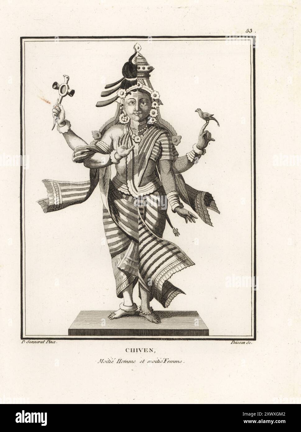Ardhanarishvara, hinduistische Gottheit Shiva, kombiniert mit seiner Gemahlin Parvati. Dargestellt als halb männlich und halb weiblich, gleichmäßig in der Mitte geteilt. Chiven, moitie homme et moitie femme. Kupferstich von Jean-Baptiste Marie Poisson nach einer Illustration von Pierre Sonnerat aus seiner Voyage aux Indes Orientales et à la Chine (Reise nach Ostindien und China, Dentu, Paris, 1806). Stockfoto
