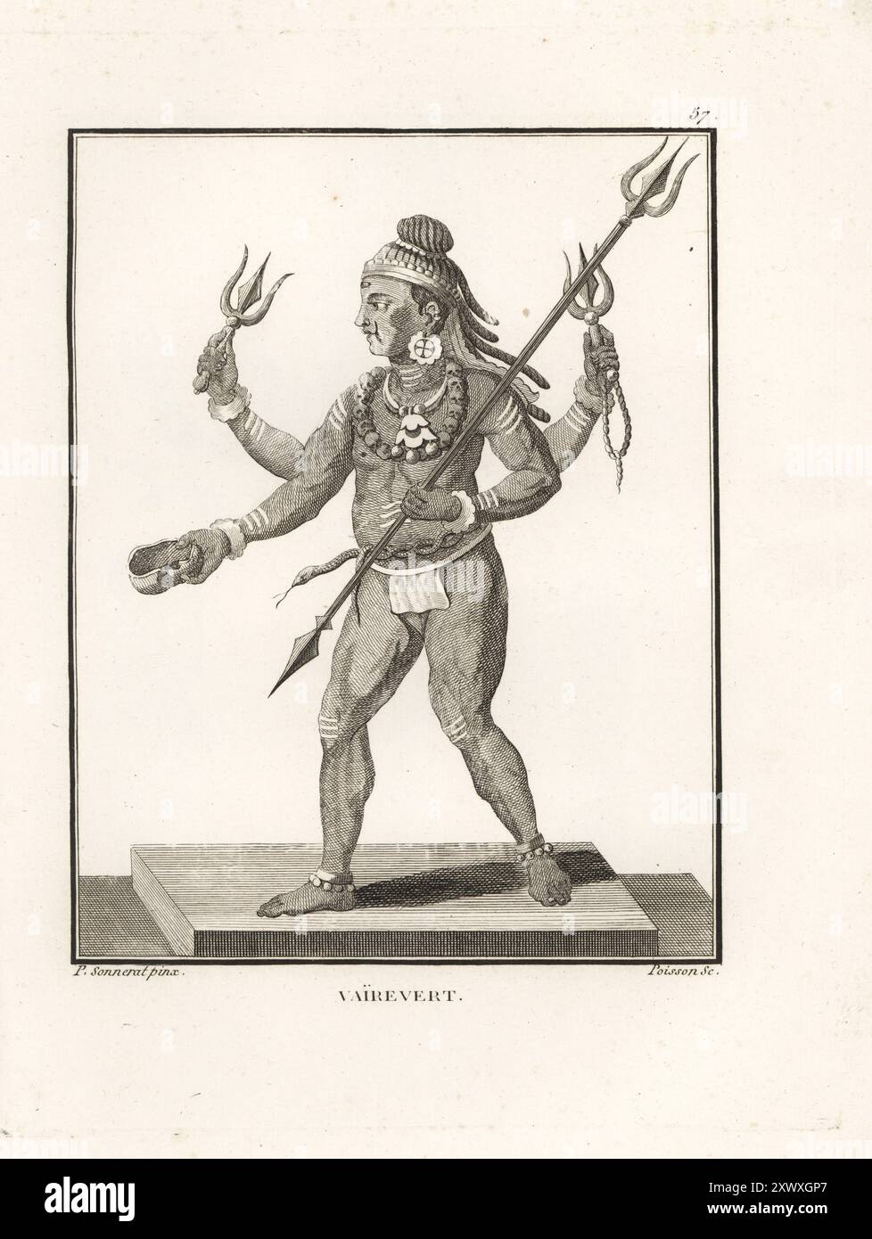 Wairewert, dritter Sohn des hinduistischen Gottes Shiva, geboren aus Shivas Atem, Gott der Zerstörung. Gezeigt mit der Mundestatala, einer Kette menschlicher Schädel, Lendenwirbel und einem Dreizack, Gebetskegeln, danda (Zepter). Vairevert. Troisieme fils de Chiven. Kupferstich von Jean-Baptiste Marie Poisson nach einer Illustration von Pierre Sonnerat aus seiner Voyage aux Indes Orientales et à la Chine (Reise nach Ostindien und China, Dentu, Paris, 1806). Stockfoto