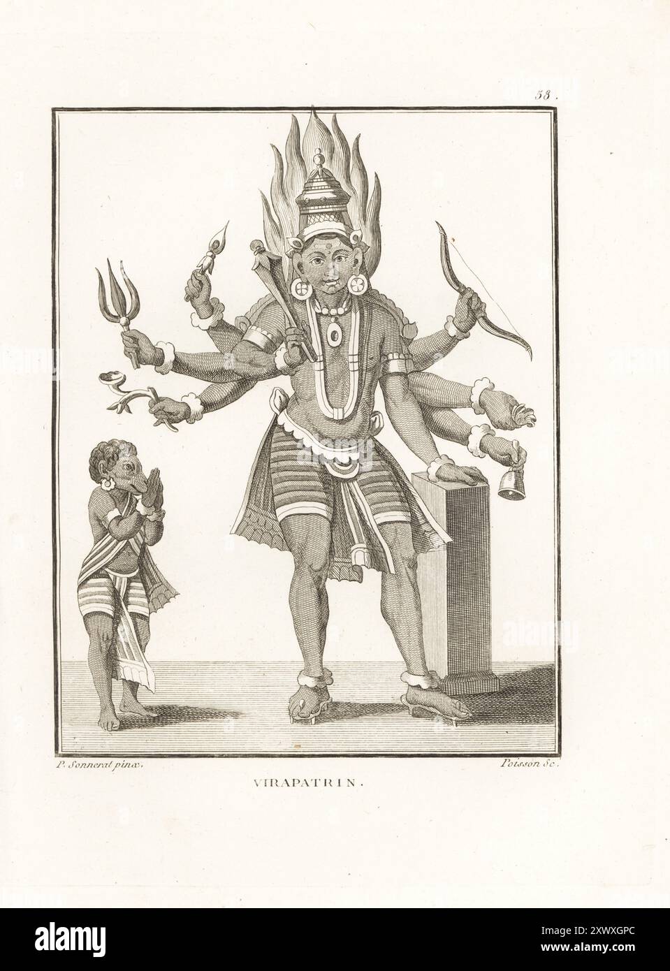Virabhadra oder Veerabathiran, eine rachsüchtige Form des hinduistischen Gottes Shiva. Er hält eine Flamme, danda (Zepter), Bogen, Pfeil, Keule, Glocke usw. Mit Widderköpfen Daksha, die einen Dhoti trägt. Vierter Sohn von Shiva. Quatrieme fils de Chiven. Kupferstich von Jean-Baptiste Marie Poisson nach einer Illustration von Pierre Sonnerat aus seiner Voyage aux Indes Orientales et à la Chine (Reise nach Ostindien und China, Dentu, Paris, 1806). Stockfoto