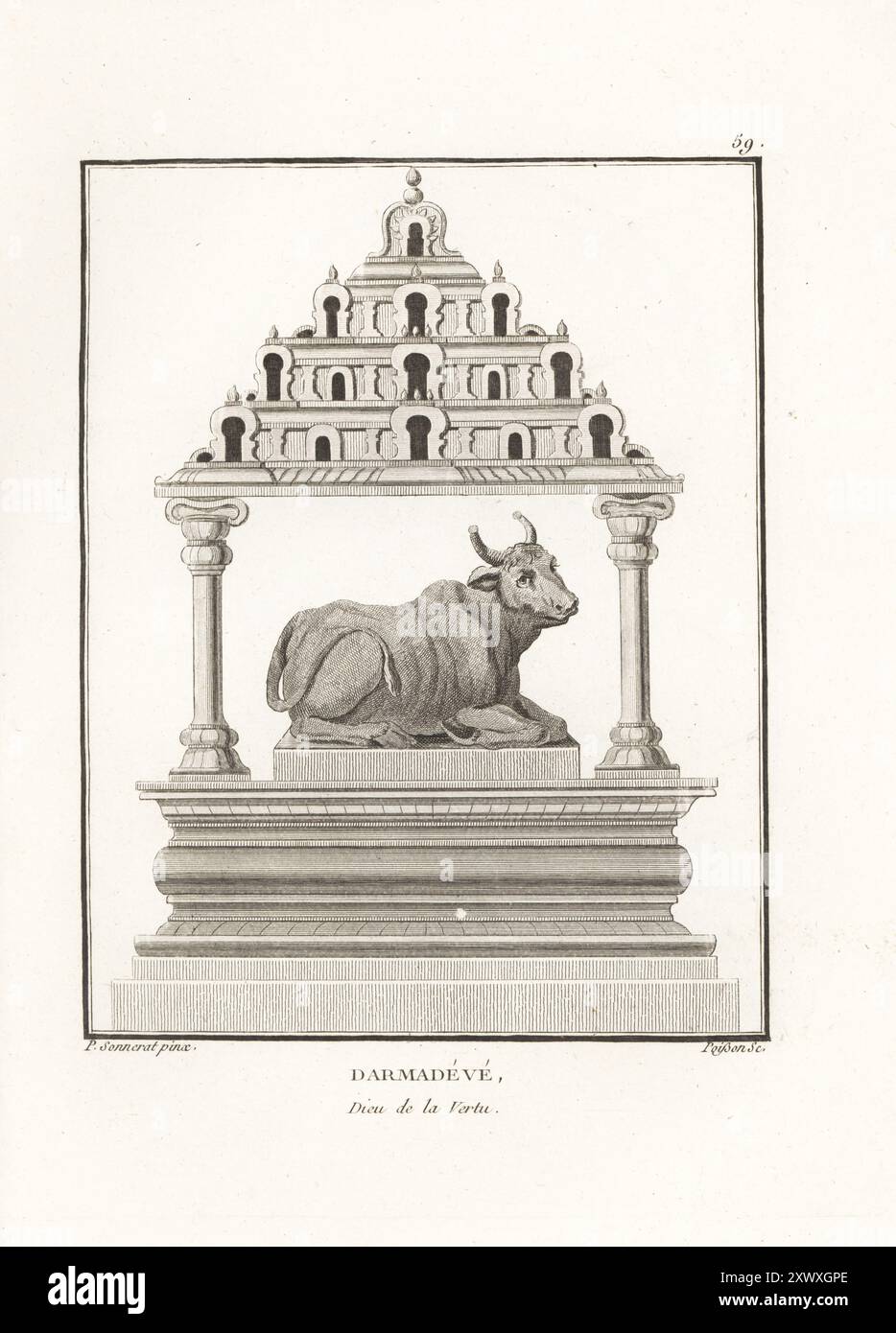 Dharmadeva, der hinduistische Gott der Tugend, dargestellt als heiliger Stier. Stier liegt auf einem Sockel unter einer Tempelpyramide. Darmadeve, Dieu de la Vertu. Kupferstich von Jean-Baptiste Marie Poisson nach einer Illustration von Pierre Sonnerat aus seiner Voyage aux Indes Orientales et à la Chine (Reise nach Ostindien und China, Dentu, Paris, 1806). Stockfoto