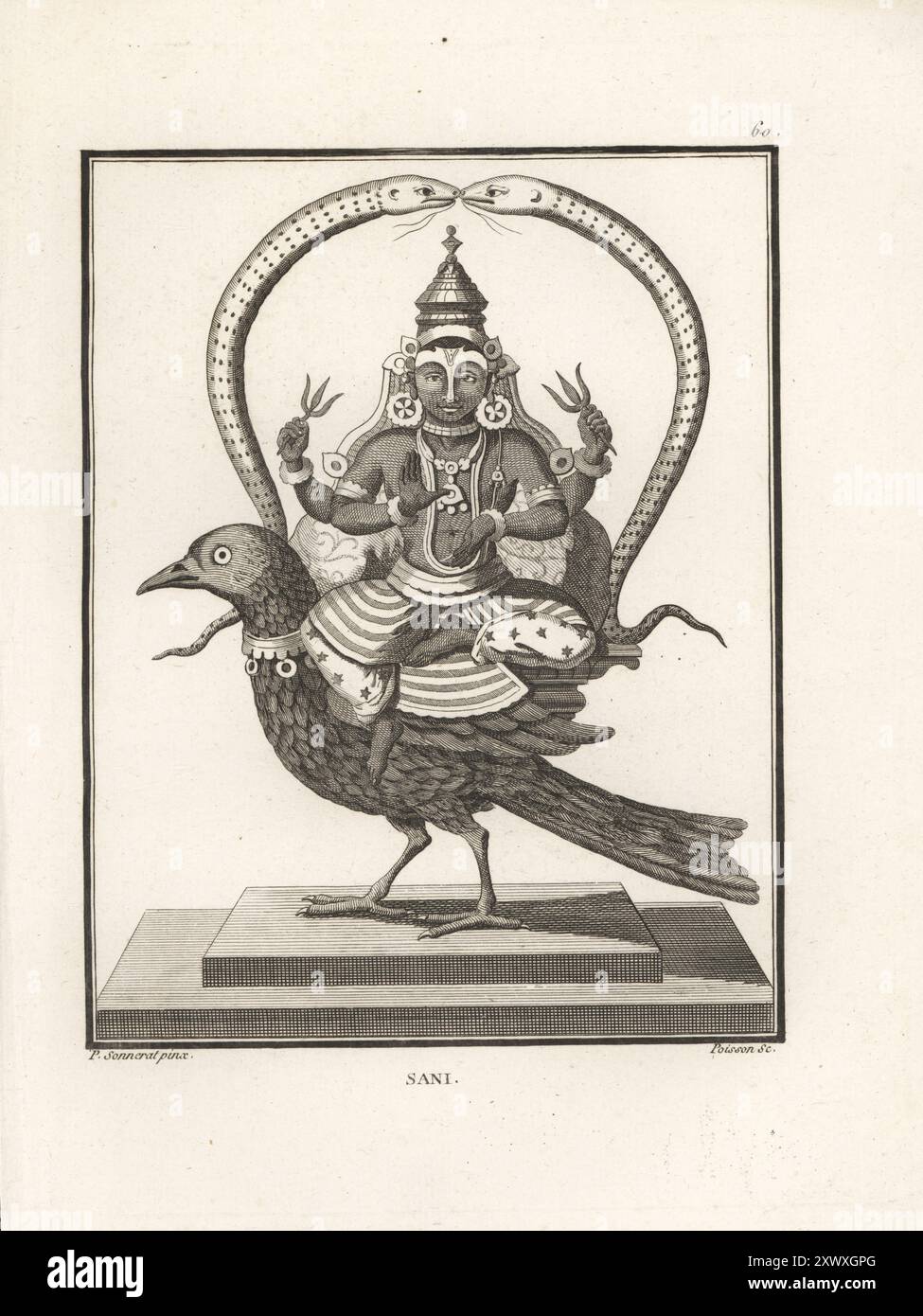 Shani oder Shanaishchara, göttliche Personifikation des Planeten Saturn in der hinduistischen Astrologie. Hinduistischer Gott des Karmas mit danda (Zepter) auf einer Krähe, unter zwei Schlangen. Sani. Kupferstich von Jean-Baptiste Marie Poisson nach einer Illustration von Pierre Sonnerat aus seiner Voyage aux Indes Orientales et à la Chine (Reise nach Ostindien und China, Dentu, Paris, 1806). Stockfoto