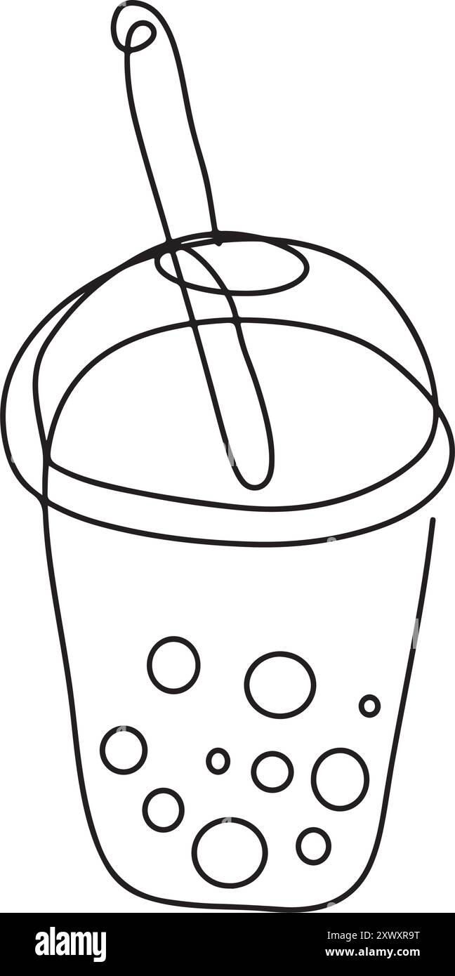 Süßes frisches Getränk in Plastikbecher in einer durchgehenden Linienzeichnung. Veganer Smoothie im transparenten Becher im linearen Stil. Bearbeitbare Kontur. Moderner Vektor Stock Vektor