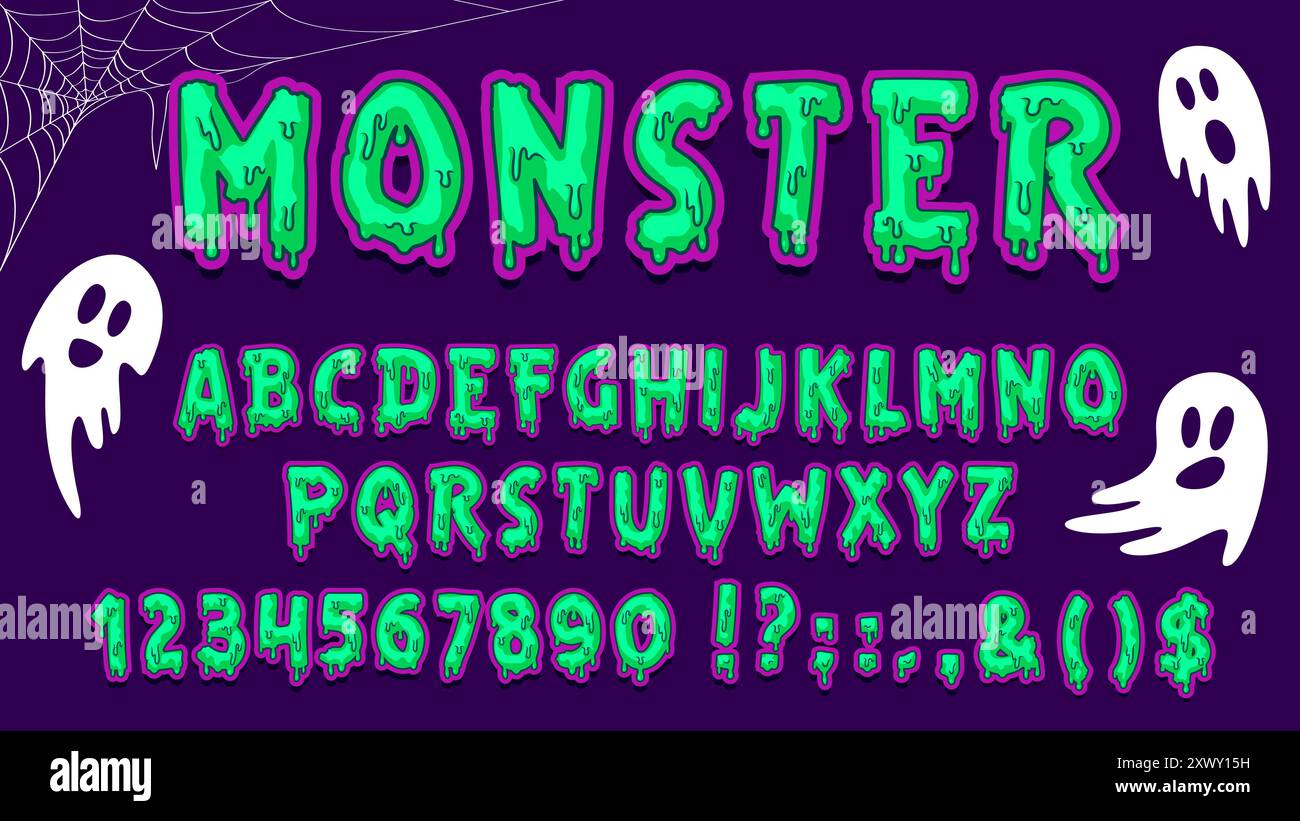 Halloween Gruselschrift, Monster Typ, Zombie Schriftart, gruselige Helloween Alphabet Vektor Typografie Set. Vektorgrün Schleimbuchstaben und Zahlen Schriftart mit Stock Vektor