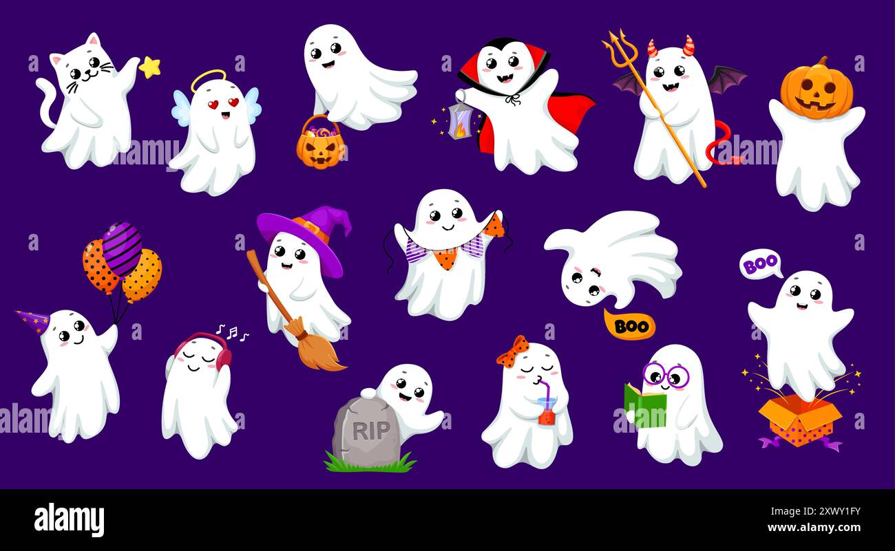 Cartoon Kawaii Halloween Geister Charaktere. Isolierte Vektor-Set von niedlichen lächelnden Spoks fliegen, Spaß haben, entzückende Kostüme tragen und einen charmin hinzufügen Stock Vektor