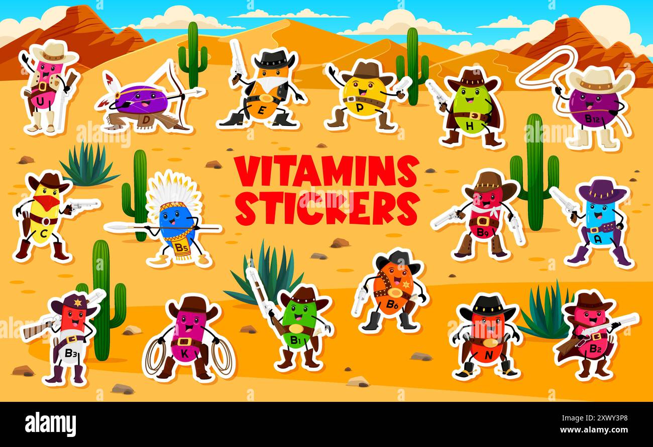 Zeichentrickfilm-Vitamin-Cowboy-Charaktere-Aufkleber-Pack. Vektor spielerische Ergänzungskapseln in einer Wüste, stellen Gesundheit und Ernährung dar. Vitamin D, E, B12 und Stock Vektor