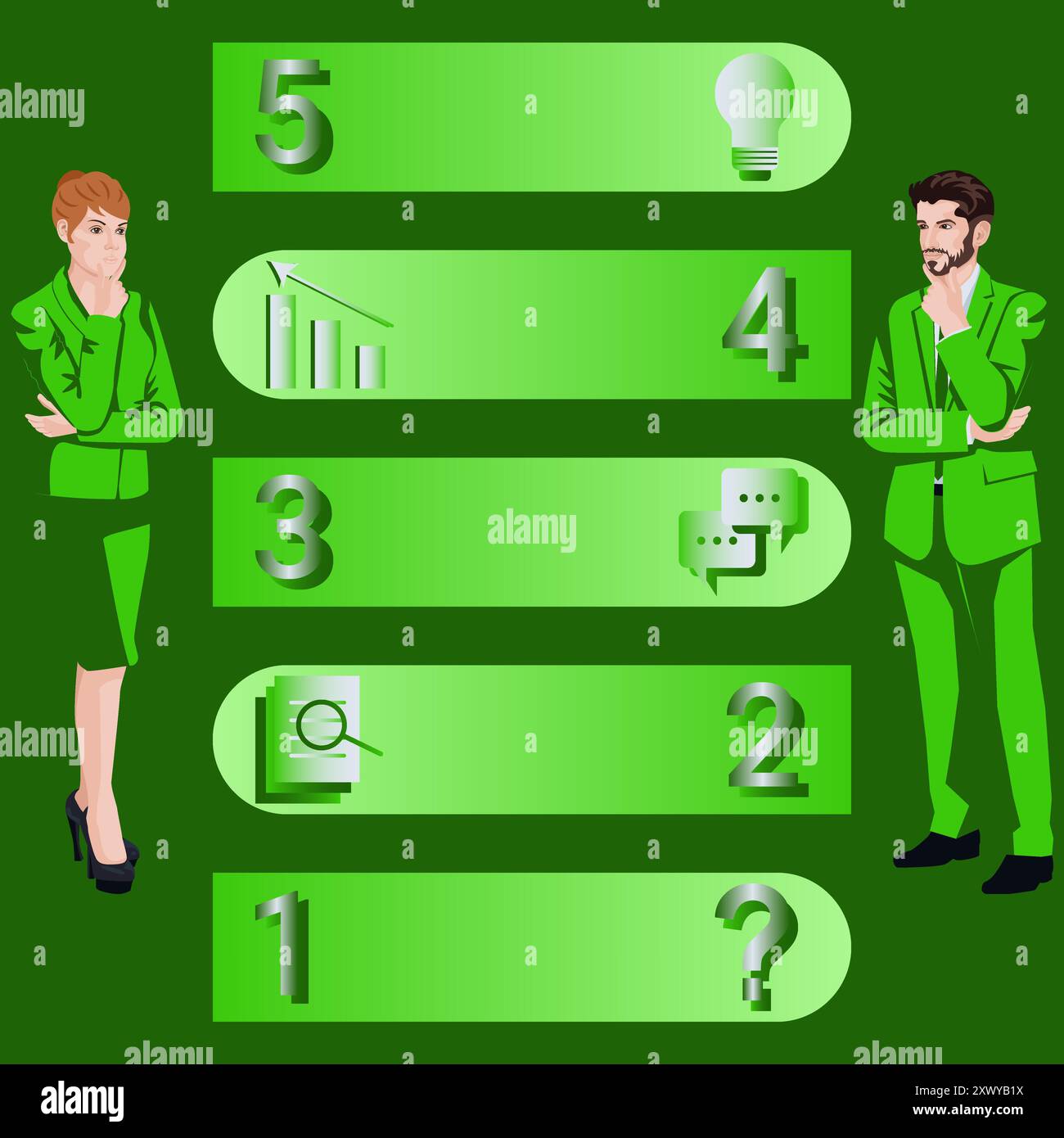 Mann und Frau verwenden 5 Schritte, um Probleme oder Chancen im Entscheidungsprozess zu identifizieren. Geschäftskonzept. Illustration des flachen Vektors. Stock Vektor