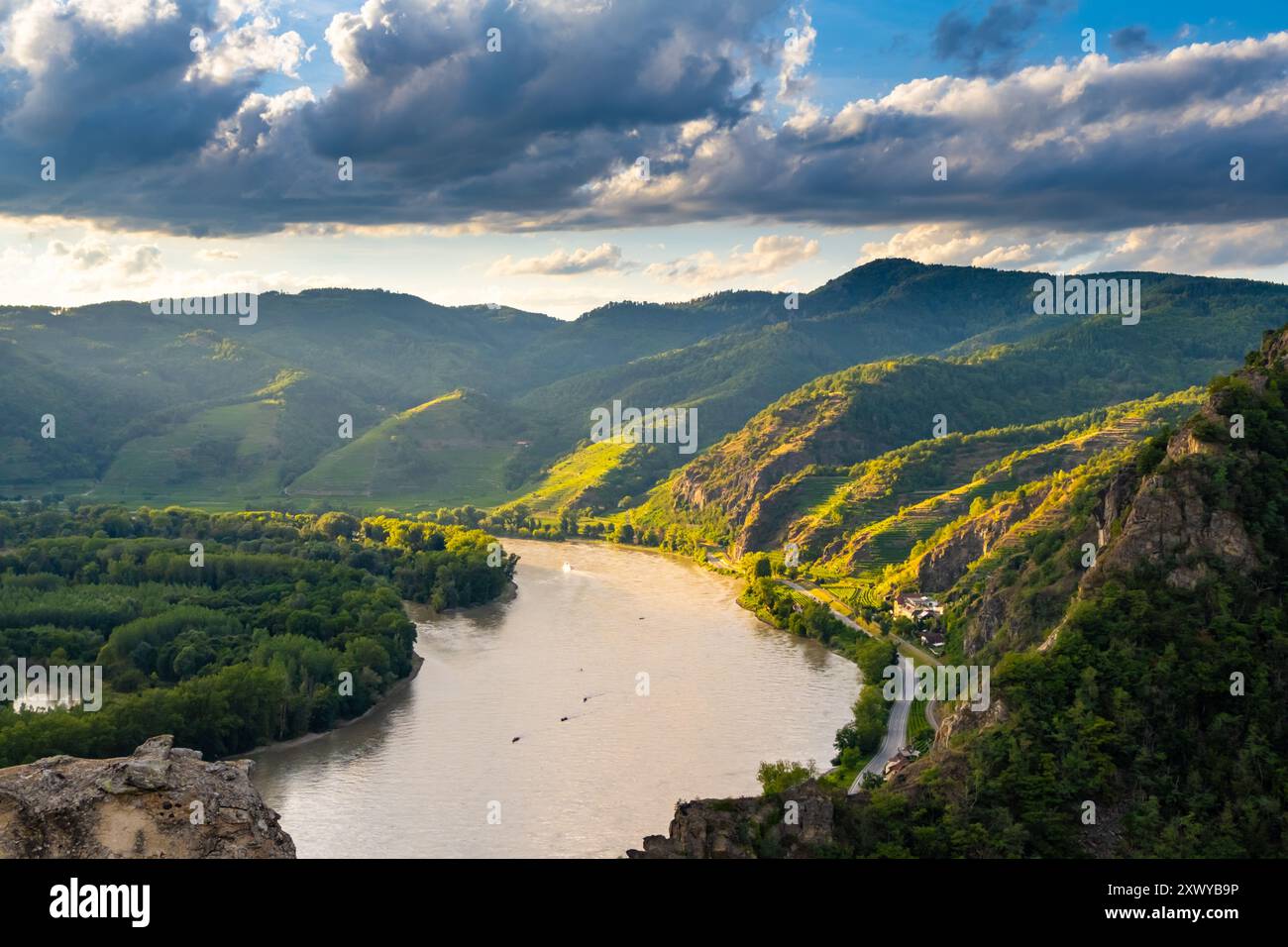 Panorama der Wachau mit Donau bei der Ortschaft Duernstein in Niederösterreich. Traditionelle Wein- und Tourismusregion, Donaukreuzfahrten. Stockfoto