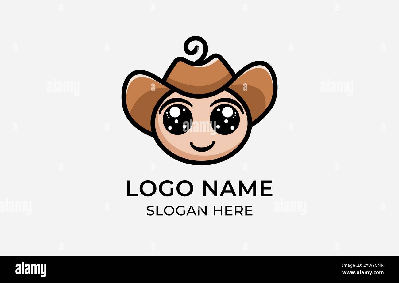 Logo niedliches Baby mit Cowboyhut im Zeichentrickstil, niedliches Baby und niedlicher Cowboy. Babymode, Party, Born Concept. Bearbeitbare Datei Stock Vektor