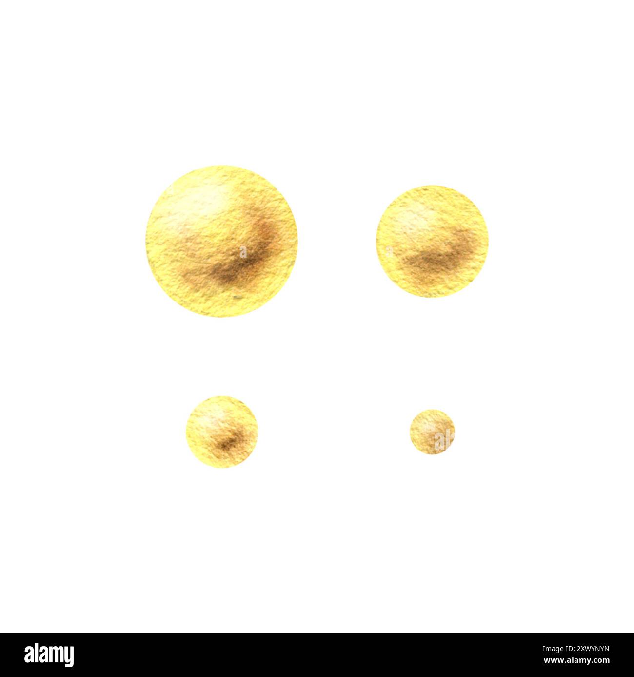 Goldene Perlen, glänzend, voluminös, einfach, verschiedene Größen. Aquarellabbildung von Hand gezeichnet. Set aus separaten Elementen, die vom Hintergrund isoliert sind Stockfoto
