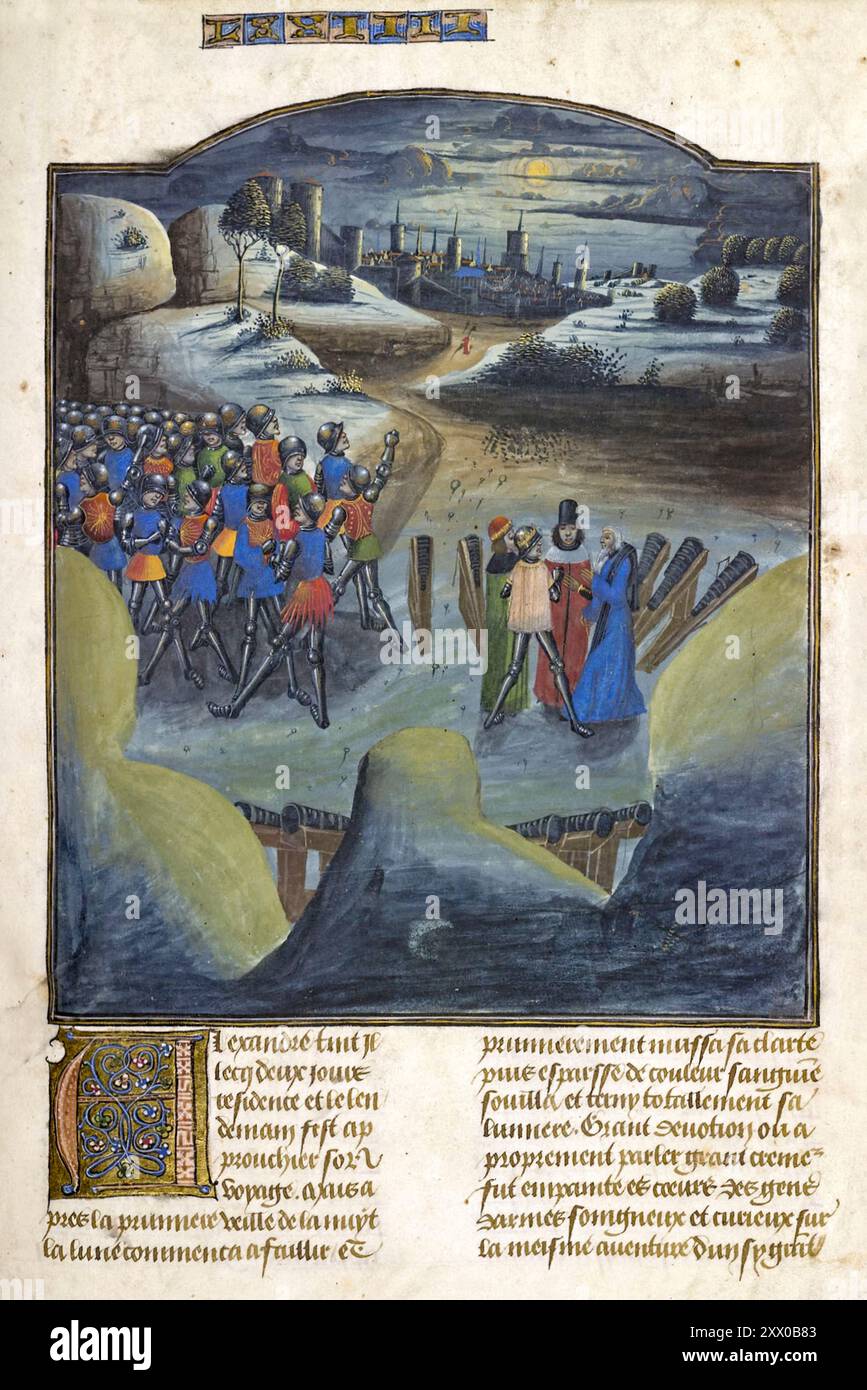 Alexander der große berät seine Astrologen über eine Sonnenfinsternis nach der Schlacht von Gaugamela (1. Oktober 331 v. Chr.) zwischen seiner siegreichen mazedonischen Armee und der persischen Armee unter König Darius III. Foto aus Livre des Fais d’Alexandre le Grant (Geschichte Alexander des Großen) um 1468–75. Stockfoto