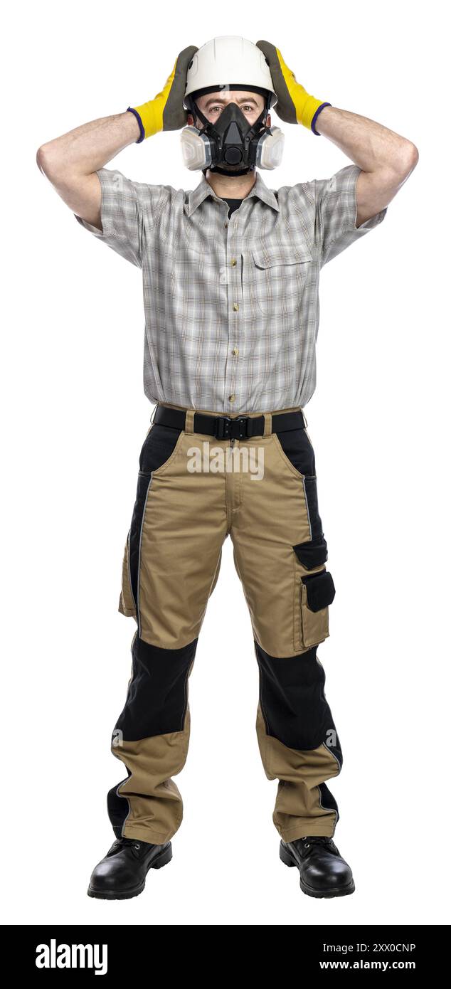 Bauarbeiter stehende Sicherheitsausrüstung, Sicherheitsarbeitskonzept. Isoliert Stockfoto