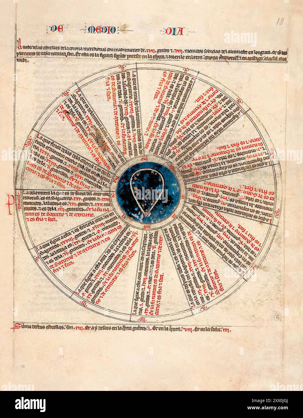 Mittelalterliche Handschrift der Astronomie (Libros del saber de astronomia, 1276 bis 1279) die Handschrift umfasst einen Teil von Abhandlungen über die Wissenschaft der himmlischen Körper und die Instrumente, die in ihrer Untersuchung verwendet werden. Rote Absatzzeichen markieren den Anfang jedes Absatzes; Großbuchstaben sind mit roten Details verziert. Besonders hervorzuheben sind die roten und blauen Tinteninitialen und die Kartuschen in kalligraphischer Filigranie und repräsentativ für die gotischen und mudéjar-Einflüsse in der Dekoration. Stockfoto
