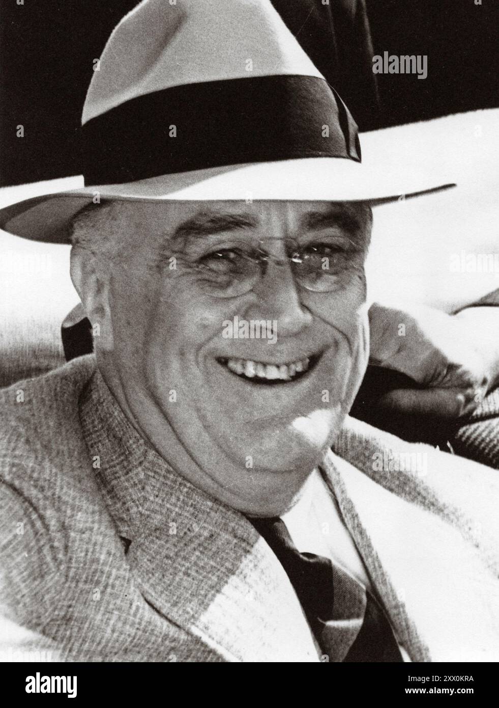 Präsident Franklin D. Roosevelt lächelt. Vor 1945 Stockfoto