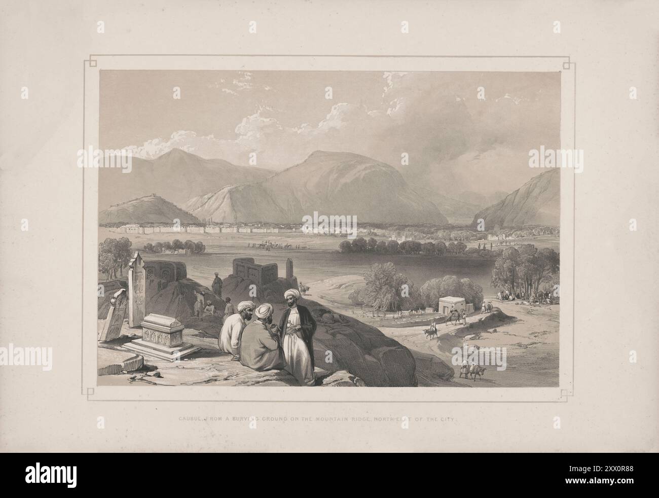 Erster Angloafghanischer Krieg. Kabul von einer Grabstätte auf dem Bergrücken, nordöstlich der Stadt. 1840-1850. Skizzen von Jas. Atkinson, esq. Kaga-Suffa, von wo aus dieser Blick auf die Stadt genommen wird, ist die Begräbnisstätte, die für ihre Sauberkeit, ihre zahlreichen Begräbnisse und Gräber bemerkenswert ist. Kabul hat keine Anmaßung auf Schönheit, es ist zusammengekettet und auf drei Seiten von riesigen Bergen umgeben, die einen Umfang von etwa drei Meilen einnehmen und eine stark befestigte Mauer auf den Graten verlaufen. Stockfoto