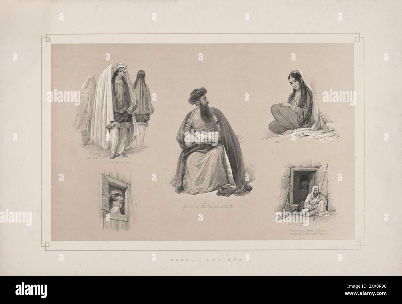 Erster Angloafghanischer Krieg. Porträt seiner Majestät Shujah al-Mulk (Shuja Shah Durrani) und Kabul-Kostüm. 1840-1850. Skizzen von Jas. Atkinson, esq. Shuja Shah Durrani (1785–1842) (auch bekannt als Shah Shujah, Shoja Shah, Shujah al-Mulk) war Herrscher des Durrani-Reiches von 1803-09 und von 1839–42. Damen, die sich auf den Spaziergang vorbereiten, und eine Dame sitzt zu Hause. Das Kleid der Kabuler Frauen ist einfach; sie tragen eine lose gelbe, blaue oder rote Jacke aus Musselin oder Seide, die unter der Taille hinabhängt, und breite Hosen; ihre Haare sind in verschiedenen Formen und hinter ihnen in zahlreichen langen Schwänzen geflochten, die darüber hängen Stockfoto