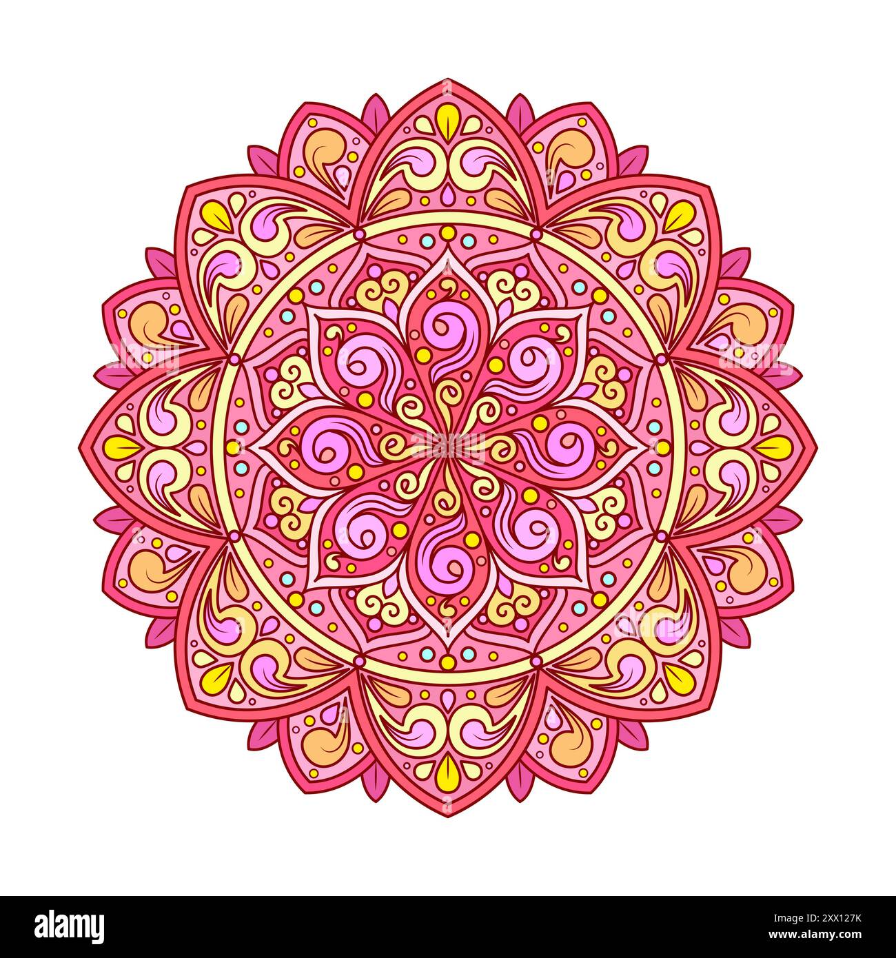 Rotes Mandala. Rundes arabisches Muster. Isoliert auf weißem Hintergrund. Für die Gestaltung von Drucken, Postern, Karten, Aufklebern, Meditation, Yoga. Vektorabbildung Stock Vektor