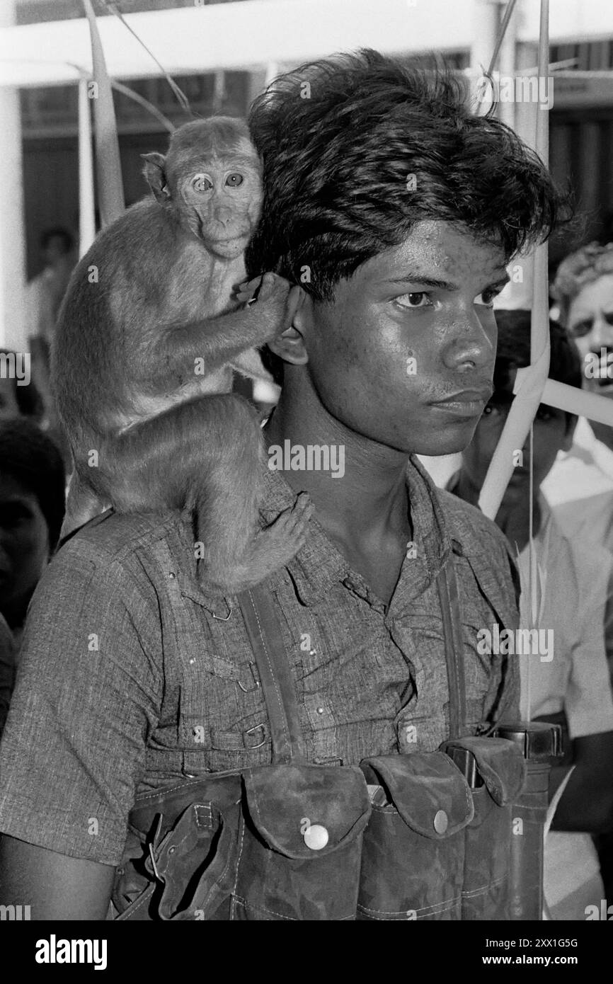 Ein Rebellensoldat mit den Liberation Tigers of Tamil Eelam und seinem Affen nimmt an einer Beerdigung für Guerillas Teil, die getötet wurden, nachdem eine Selbstmordbombe versehentlich explodiert war, bevor sie das Ziel im Navatkuli Army Camp erreicht hatte, am 16. Februar 1987 in Kaithady, Sri Lanka. Mindestens 50 Zivilisten starben bei der Explosion und bis zu 11 tamilische Guerillas und die Explosion hinterließ einen massiven Krater im Dorf. Stockfoto