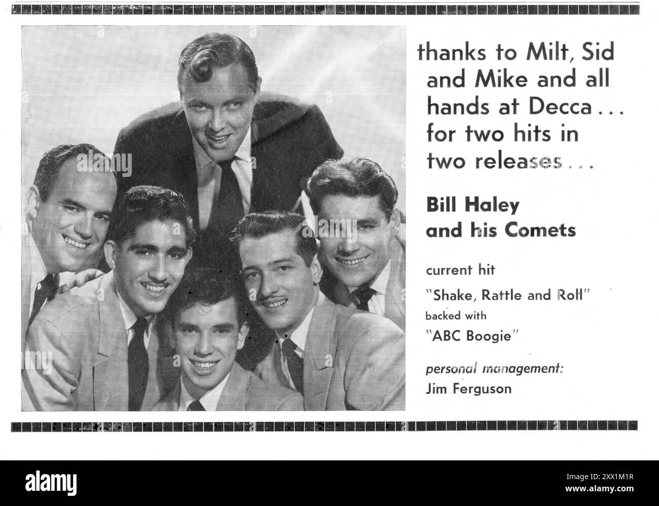 Eine Danksagung von Bill Haley und seinen Comets an die Mitarbeiter von Decca Records und seinen Manager. Aus einer Zeitschrift von 1954 gab es eine Umfrage zu den beliebtesten Künstlern der Jahre. Stockfoto