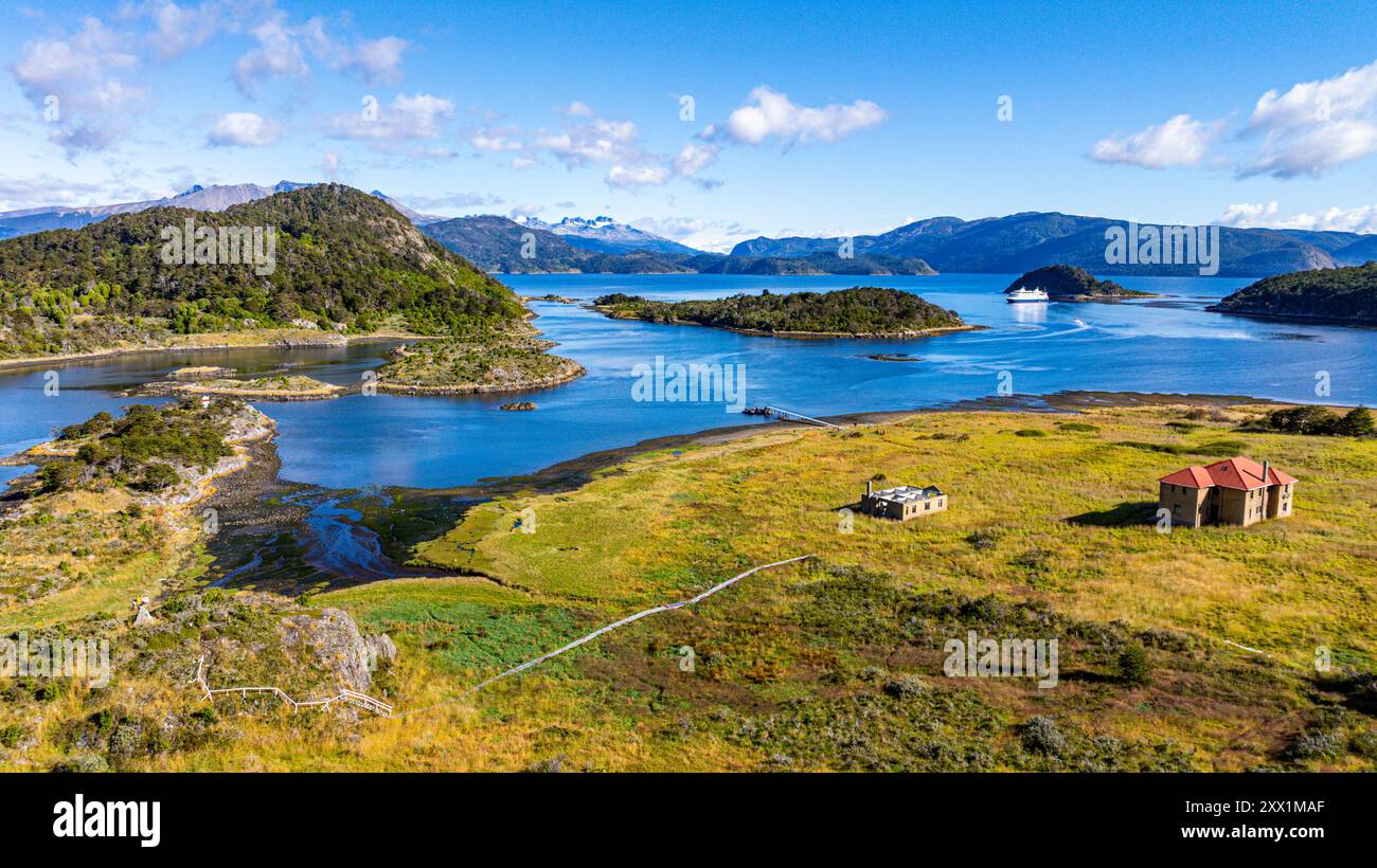 Luftfahrt von Wulaia Bay, Feuerland, Chile, Südamerika Stockfoto