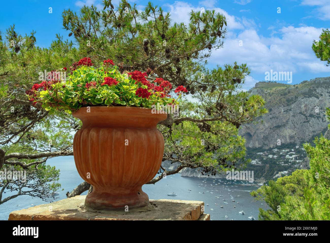 Ein Terrakotta-Topf mit leuchtenden roten Blumen überblickt einen malerischen Blick auf die Küste mit Booten auf dem Wasser und felsigen Klippen auf Capri Island, Kampanien Stockfoto