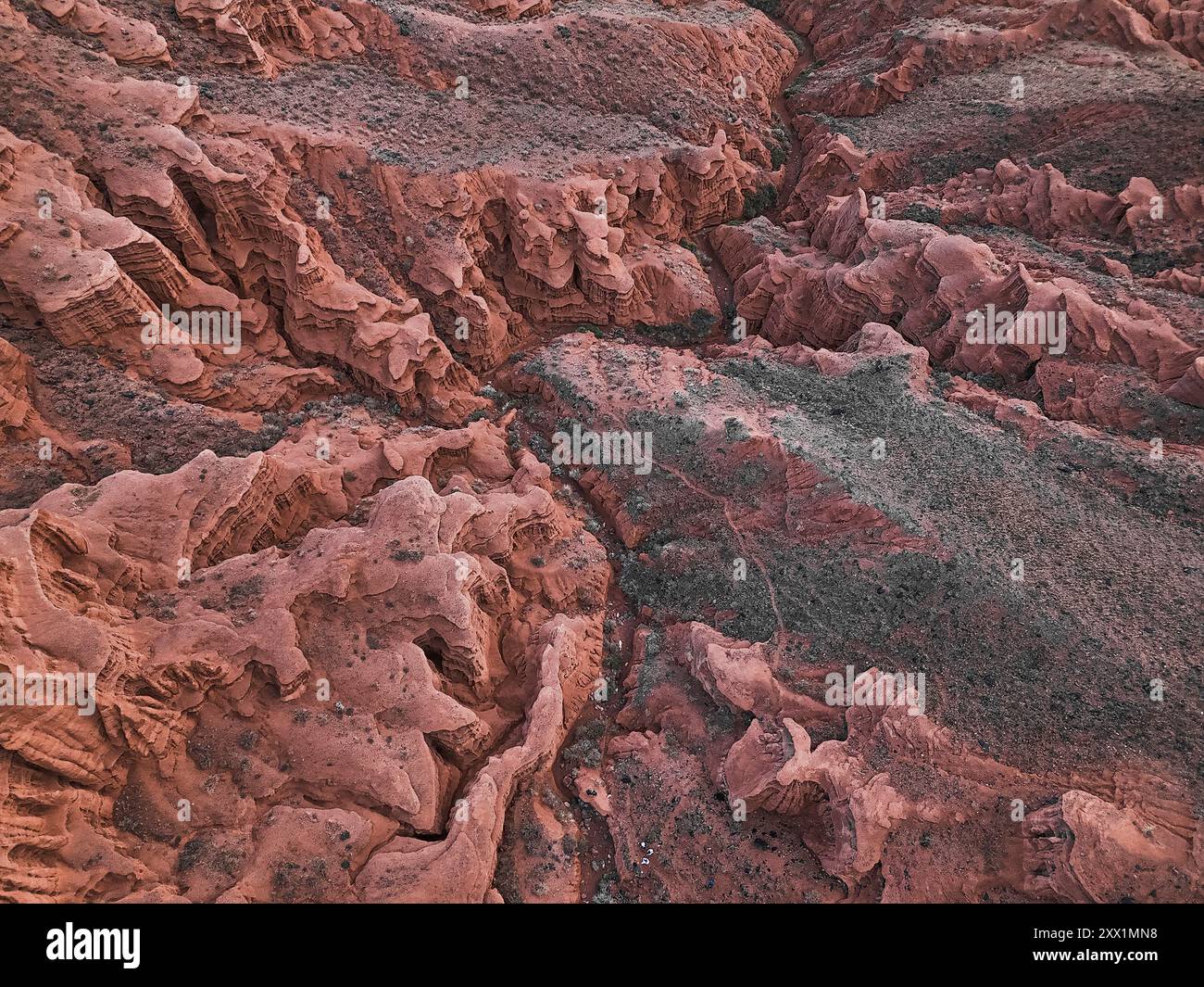 Blick aus der Vogelperspektive auf den Kok-Moinok Canyon, eine Lehm-Sand-Struktur, die sich an den Hängen von trockenen Bergen gebildet hat, die von Wasserbächen geschnitten sind, Kirgisistan, Zentralasien und Asien Stockfoto