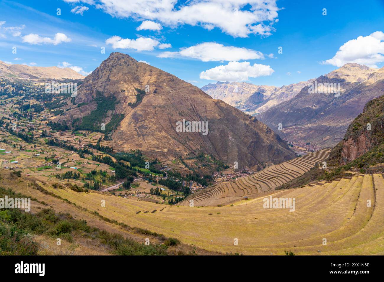 Terrassen in Pisaq (Pisac), UNESCO-Weltkulturerbe, Pisaq, Heiliges Tal, Provinz Urubamba, Region Cusco (Cuzco), Peru, Südamerika Stockfoto